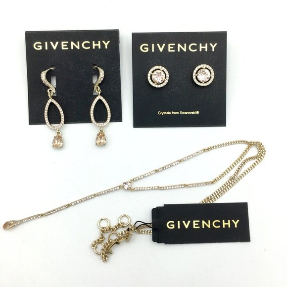 GIVENCHY peachy pink crystal earrings & Y choker necklace set - 3 pc gold-tone - Picture 1 of 11